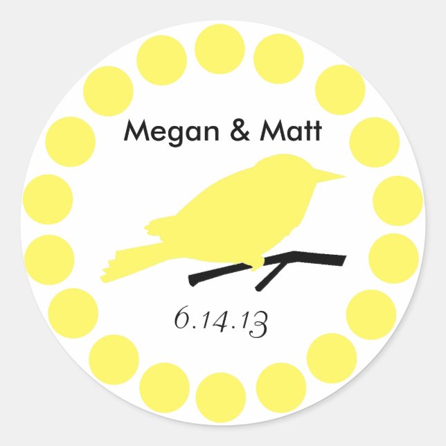 Sticker Rond Chic Bird Silhouette & Dots Mariage Sceau en Jaune (Devant)