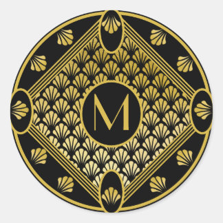 Sticker Rond Chic Black & Gold Art Déco Ventilateur Motif Monog