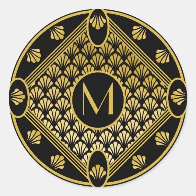 Sticker Rond Chic Black & Gold Art Déco Ventilateur Motif Monog (Devant)