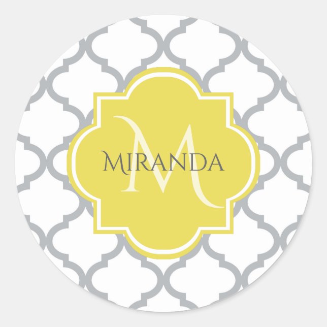 Sticker Rond Chic Blanc Gris Quatrefoil Jaune Nom Monogramme (Devant)