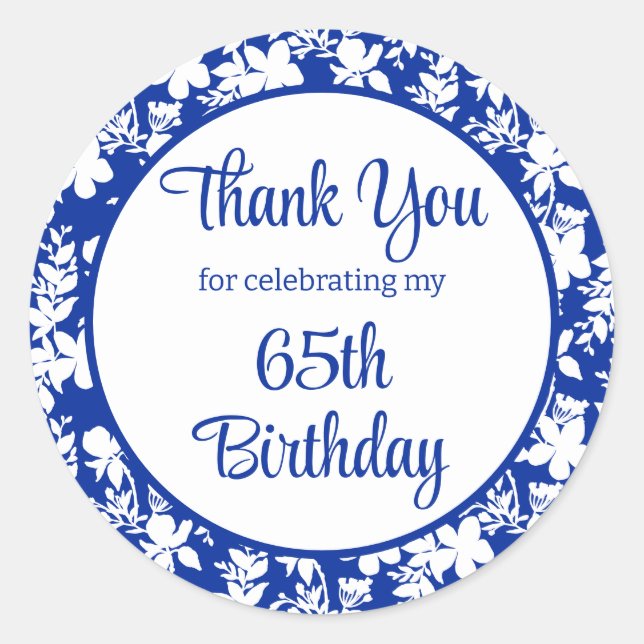 Sticker Rond Chic Bleu Blanc Floral 65e fête d'anniversaire (Devant)