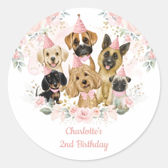 Sticker Rond Chic Blush Floral Chiens Chiots Fête Anniversaire (Devant)