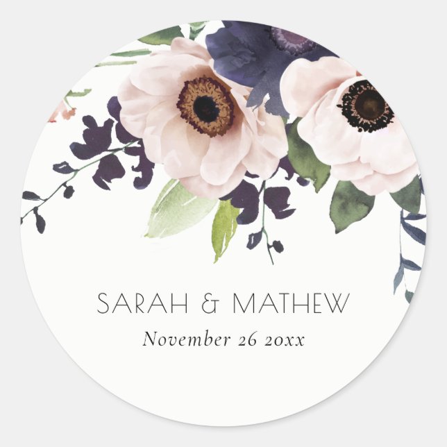Sticker Rond Chic Blush Marine Anemone Floral Mariage Aquarelle (Devant)