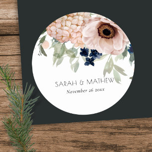 Sticker Rond Chic Blush Marine Anemone Floral Mariage Aquarelle