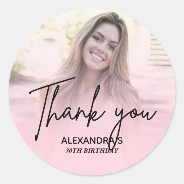 Sticker Rond Chic Blush Pink Gradient Photo Birthday Thank you (Devant)