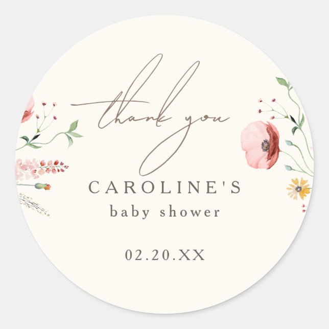 Sticker Rond Chic Boho Fleur sauvage Merci Baby shower (Devant)