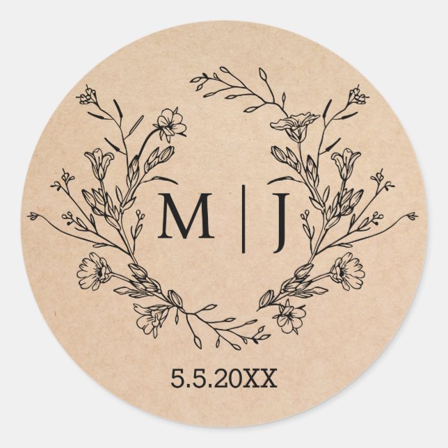 Sticker Rond chic botanique simple monogramme mariage kraft (Devant)