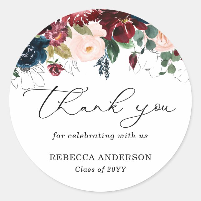 Sticker Rond Chic Bourgogne Florals Script Merci Graduation (Devant)