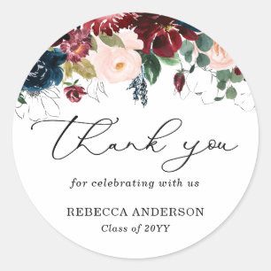 Sticker Rond Chic Bourgogne Florals Script Merci Graduation