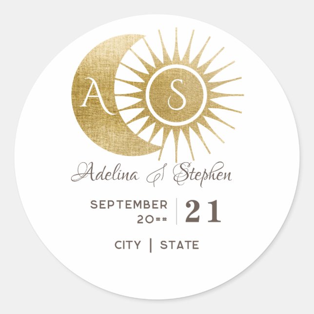 Sticker Rond Chic Céleste Blason Monogramme Lune Soleil en Or B (Devant)