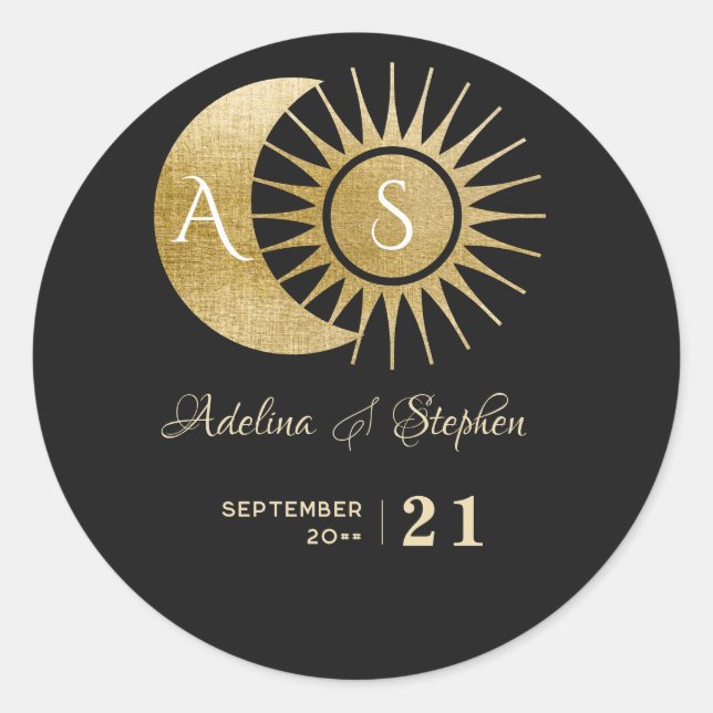 Sticker Rond Chic Céleste Noir Or Lune Soleil Monogramme Blason (Devant)