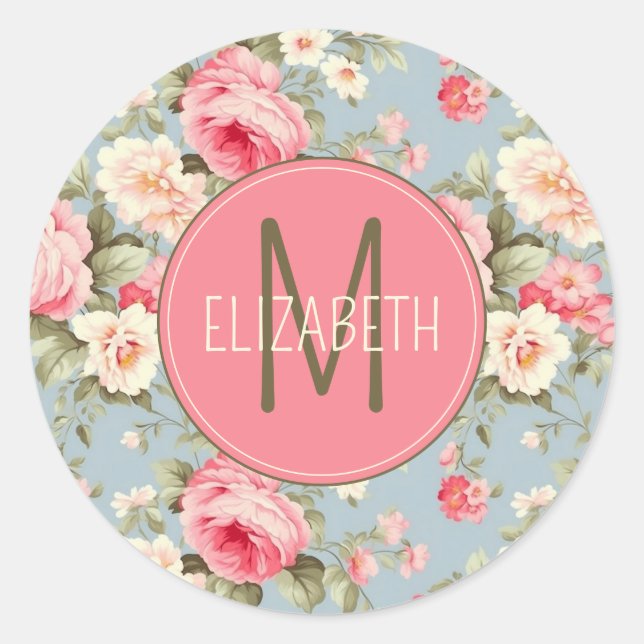 Sticker Rond Chic Chic Pink et Blue Cottage Rose Monogramme (Devant)