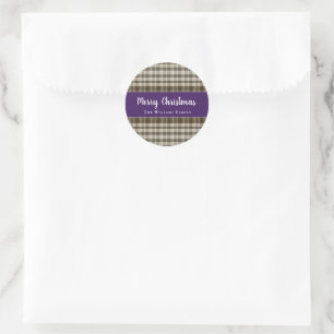 Sticker Rond Chic classique Joyeux Noël Plaid violet blanc