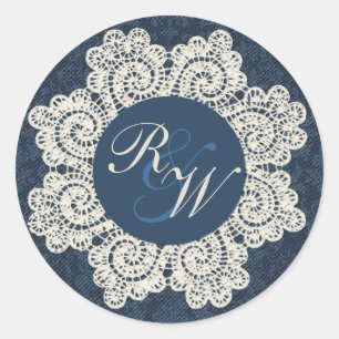 Sticker Rond Chic Denim & Ivoire Lace Monogram Mariage
