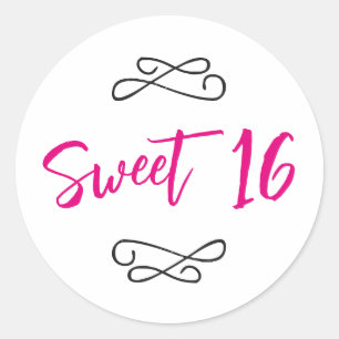 Sticker Rond Chic Doodle Moderne Écriture Rose Chaud Sweet 16
