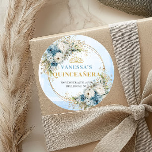 Sticker Rond Chic Dusty Blue Gold Eucalyptus 15e Anniversaire S