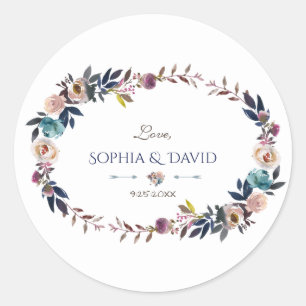 Sticker Rond Chic Dusty Blue Misty Rose Mariage de couronne