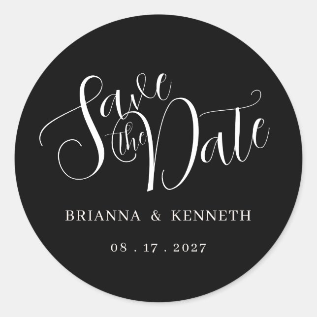 Sticker Rond Chic Elegant Black Wedding Enregistrer la date (Devant)