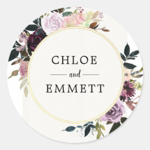Sticker Rond Chic Elegant Personnalisé Rose violet Mariage Flor