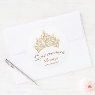Sticker Rond Chic Elegant Quinceañera Gold Crown Script