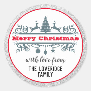Sticker Rond Chic et festif Rouge Joyeux Noël Paillettes Argent