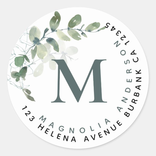 Sticker Rond Chic Eucalyptus Monogram Adresse de retour (Devant)