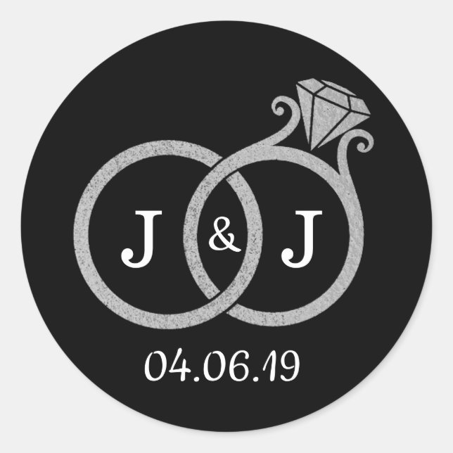 Sticker Rond Chic Faux Argent Huile Monogramme Mariage Cercles (Devant)