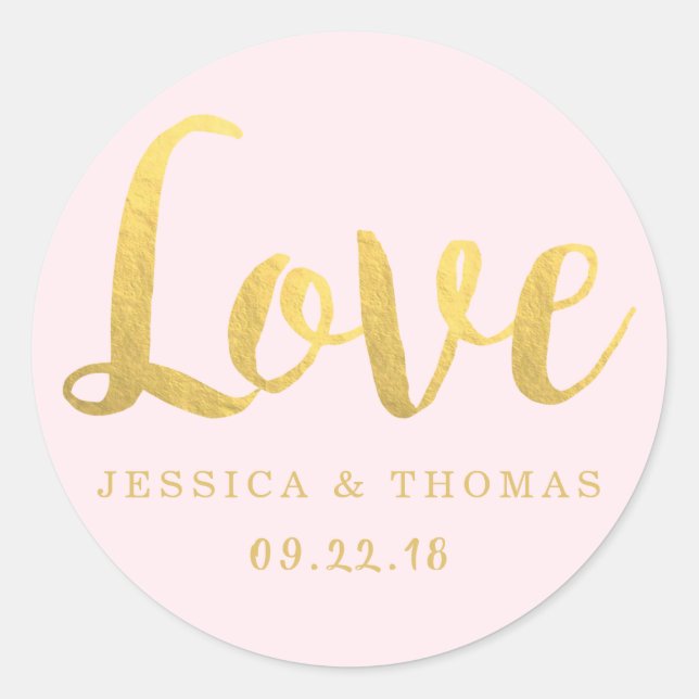 Sticker Rond Chic Faux Gold Foil & Blush Rose Mariage Love (Devant)