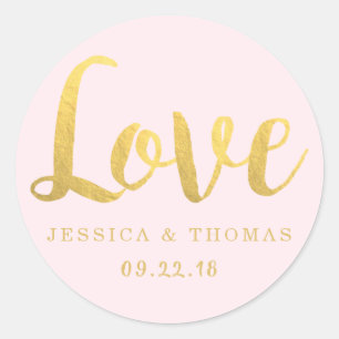 Sticker Rond Chic Faux Gold Foil & Blush Rose Mariage Love