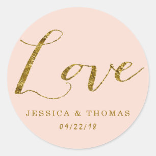 Sticker Rond Chic Faux Gold Foil & Blush Rose Mariage Love
