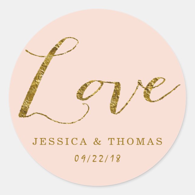 Sticker Rond Chic Faux Gold Foil & Blush Rose Mariage Love (Devant)