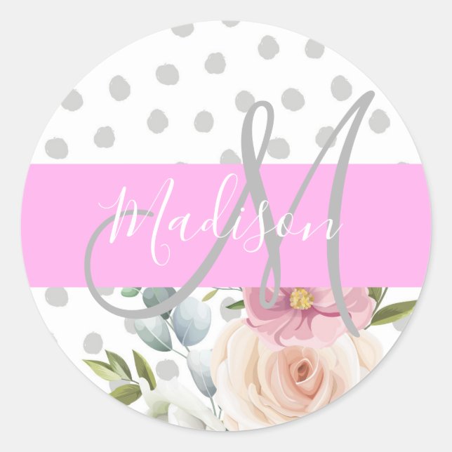 Sticker Rond Chic & Féminin Fleurs Blanc Rose Gris Monogramme N (Devant)