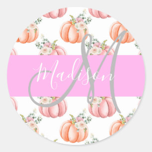 Sticker Rond Chic Fleur Blanche Rose Pêche Citrouille Monogramm