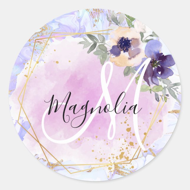 Sticker Rond Chic Floral bleu rose or arc-en-ciel marbre Monogr (Devant)