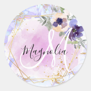 Sticker Rond Chic Floral bleu rose or arc-en-ciel marbre Monogr