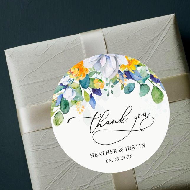 Sticker Rond Chic floral jaune bleu mariage monogramme merci (Créateur téléchargé)
