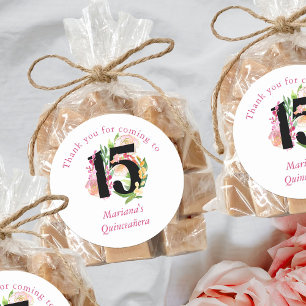 Sticker Rond Chic Floral Numéro 15 Quinceanera Rose et Or