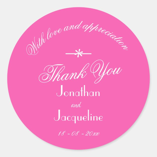 Sticker Rond Chic Fuchsia Rose Blanc Écriture 'Merci' Mariage (Devant)