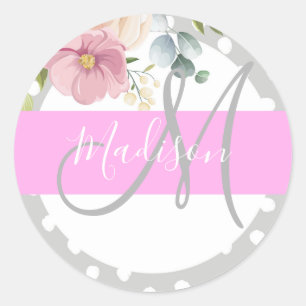 Sticker Rond Chic & Girl Floral Blanc rose Gris Nom