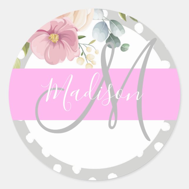 Sticker Rond Chic & Girly Floral Blanc Rose Gris Monogram Nom (Devant)