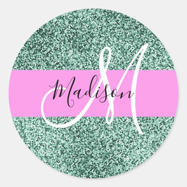 Sticker Rond Chic Glam Rose Vert Paillettes Étincelle Monogramm (Devant)