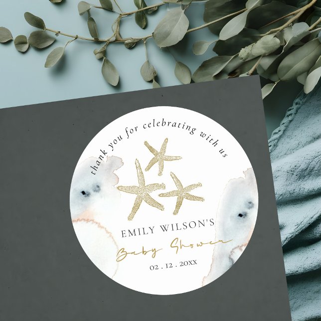 Sticker Rond Chic Gold Dusky Blue Beachy Starfish Baby shower (Créateur téléchargé)
