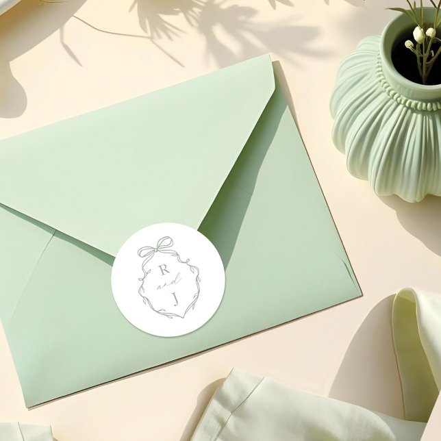 Sticker Rond Chic Green Hand Draw Bow & Ribbon Monogram Crest (Chic Green Hand Drawn Bow & Ribbon Monogram Crest Classic Round Sticker)