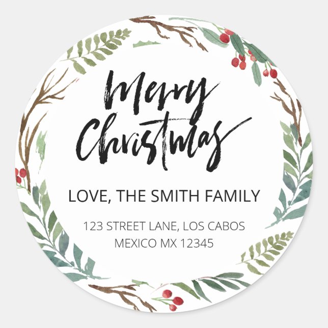 Sticker Rond Chic Greenery Red Berries retour d'adresse (Devant)