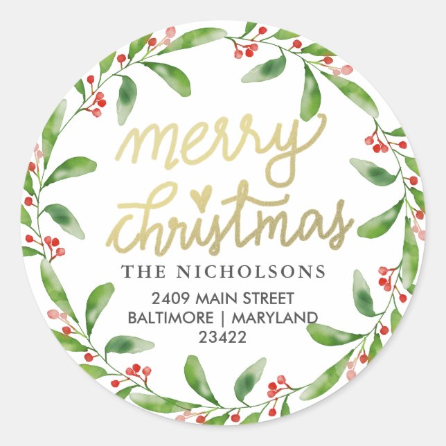 Sticker Rond Chic Joyeux Noël Holly Wreath | Adresse de retour (Devant)