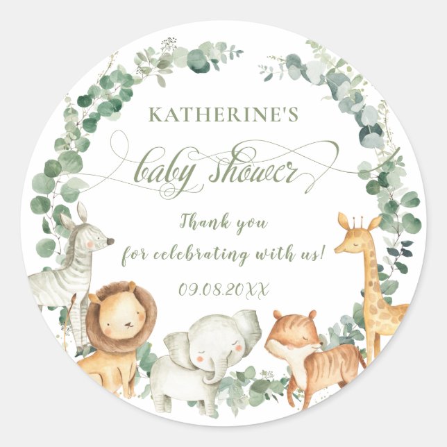Sticker Rond Chic Jungle Animaux Verdure Baby shower neutre (Devant)