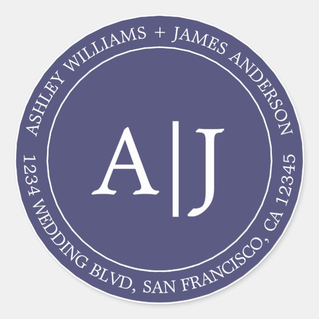 Sticker Rond Chic Mariage Monogram Adresse de retour Marine Blu (Devant)