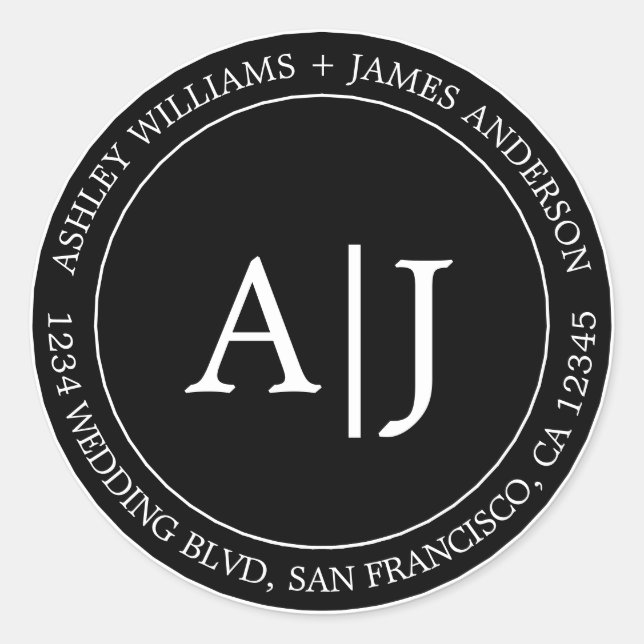 Sticker Rond Chic Mariage Monogramme Adresse de retour Noir (Devant)
