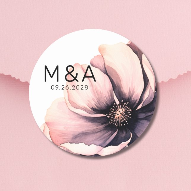 Sticker Rond Chic minimaliste moderne rose Mariage (Chic Minimalist Modern Pink Boho Floral Wedding Classic Round Sticker)