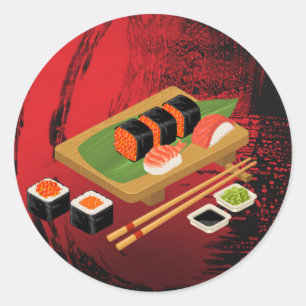 Sticker Rond Chic Modern Elegant Black & Red Sushi Party Event